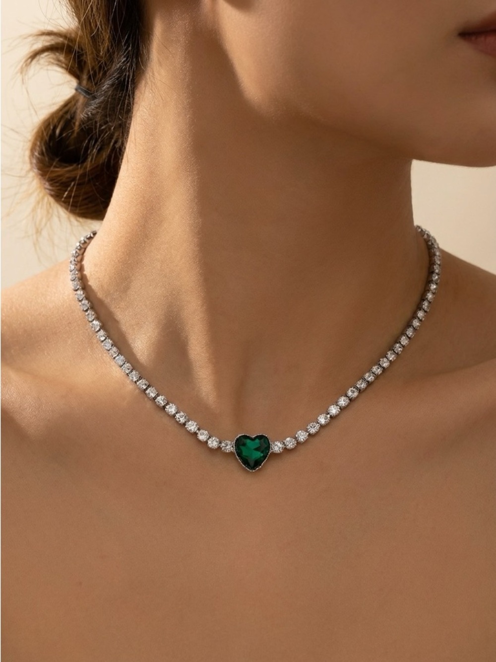 Anthropologie Emerald Heart Tennis Necklace with Clear Stones